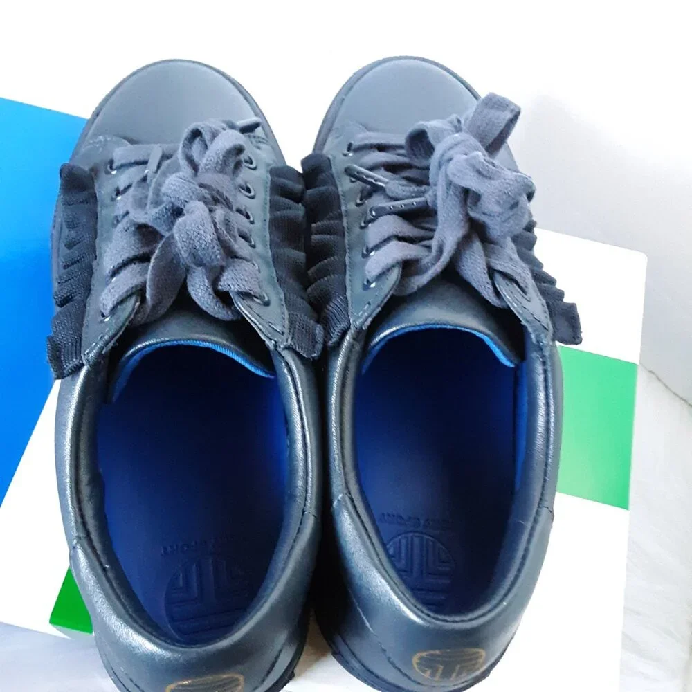 Tory Burch Sport Navy Ruffle Sneakers Round Toe Leather Shoes size 5M